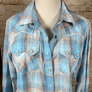 Womens Sz L Pearl Snap Western Shirt Blouse Blue Plaid Embroidered Ariat Real
